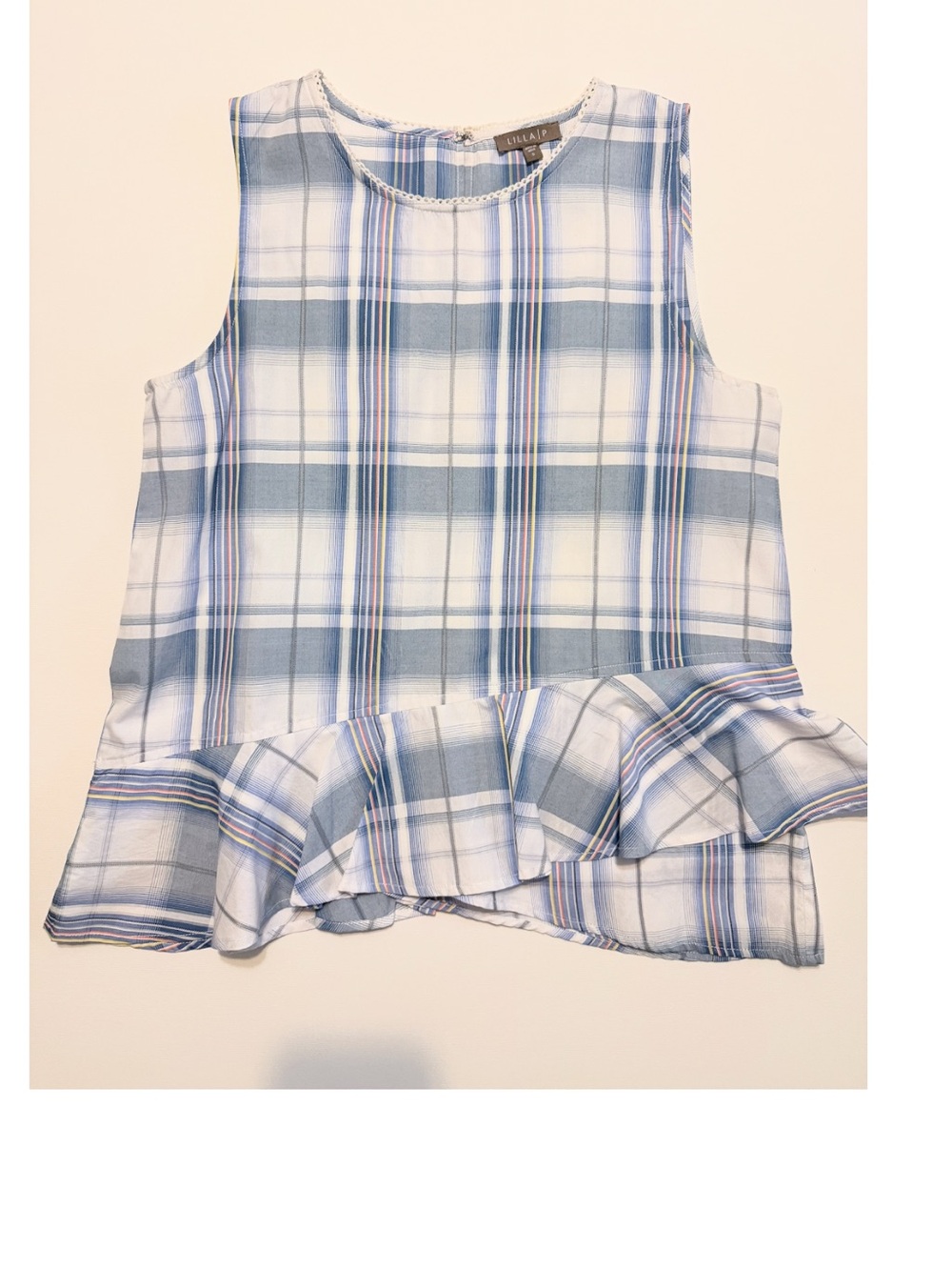 Lilla P Blue & White Plaid Ruffle Hem Tank w/delicate white trim on collar. Sm.